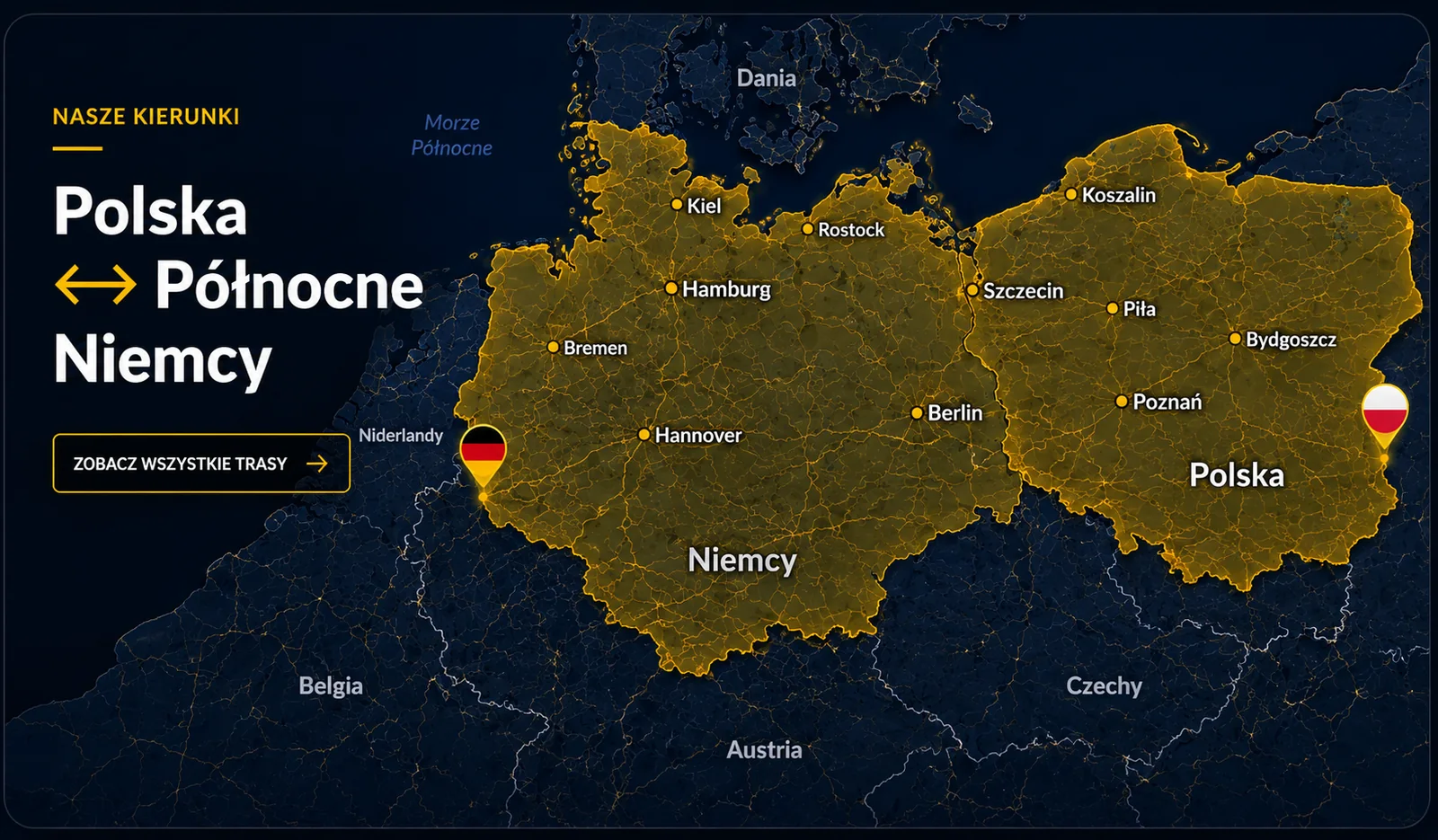Mapa kierunków ROBSON BUS Polska i Niemcy
